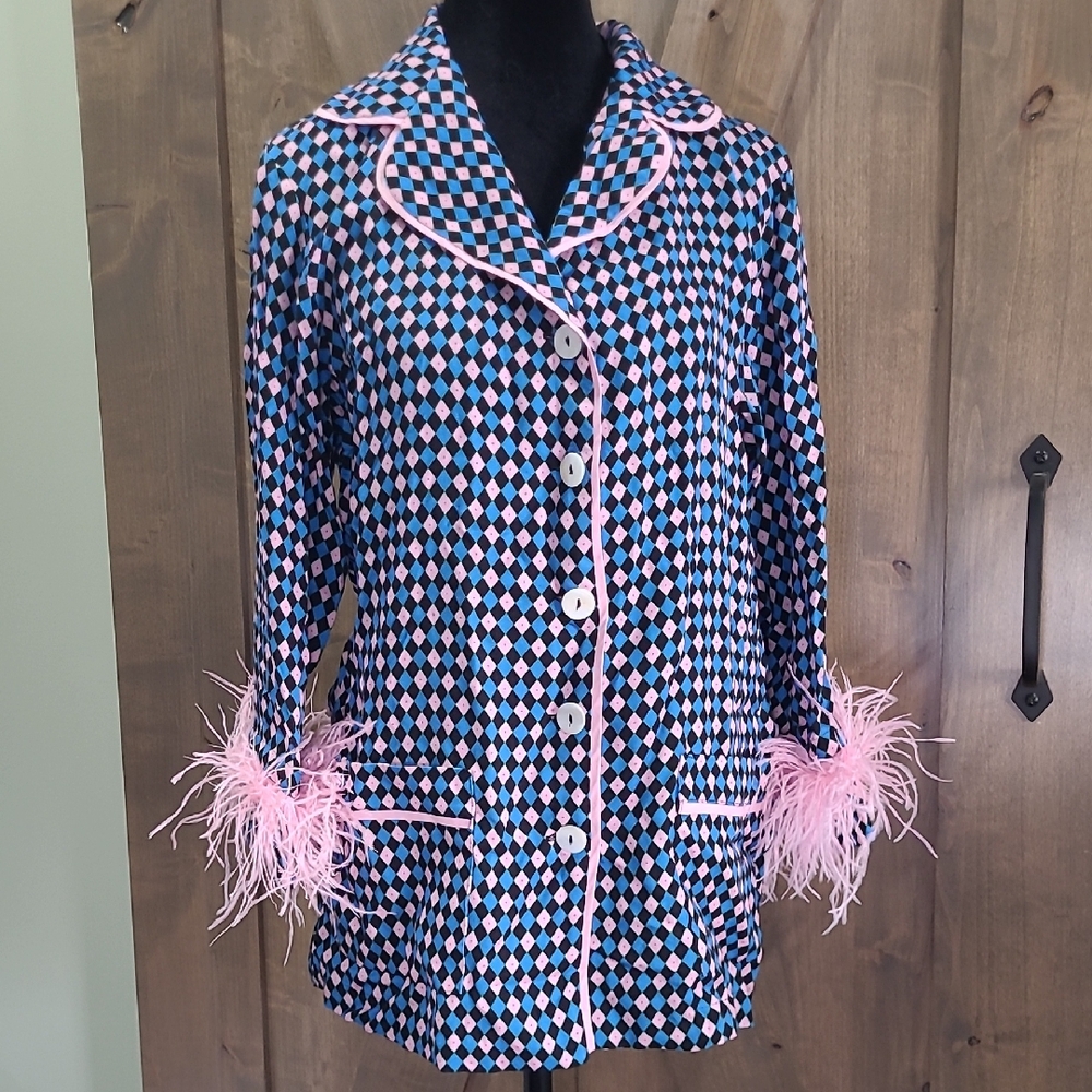 Sleeper Party Pajama Top Pink Black Blue Argyle Detacheable Feathers Cuff XS